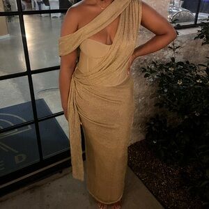 JLUXLABEL Gold One-Shoulder Dress